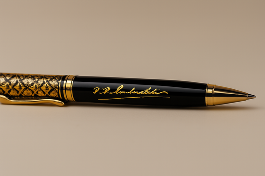 Exclusive Combo – Black Cotton Roundneck T-Shirt with Dr. B.R. Ambedkar Golden Signature + Premium Black Zari Pen (Engraved)