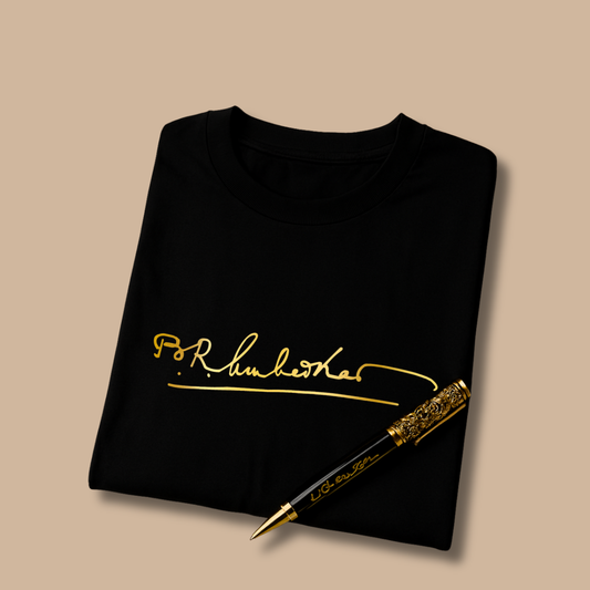 Exclusive Combo – Black Cotton Roundneck T-Shirt with Dr. B.R. Ambedkar Golden Signature + Premium Black Zari Pen (Engraved)
