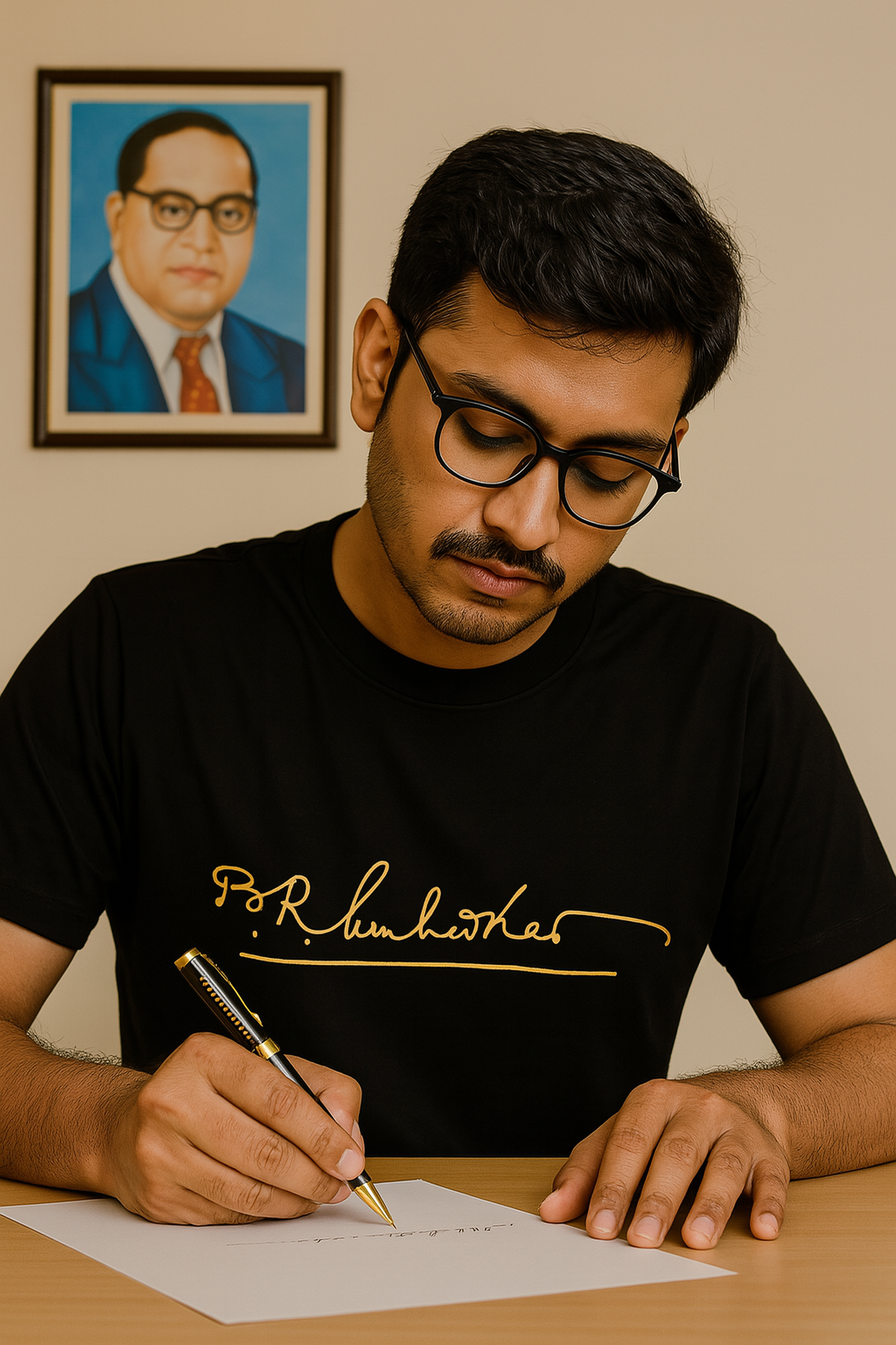 Exclusive Combo – Black Cotton Roundneck T-Shirt with Dr. B.R. Ambedkar Golden Signature + Premium Black Zari Pen (Engraved)