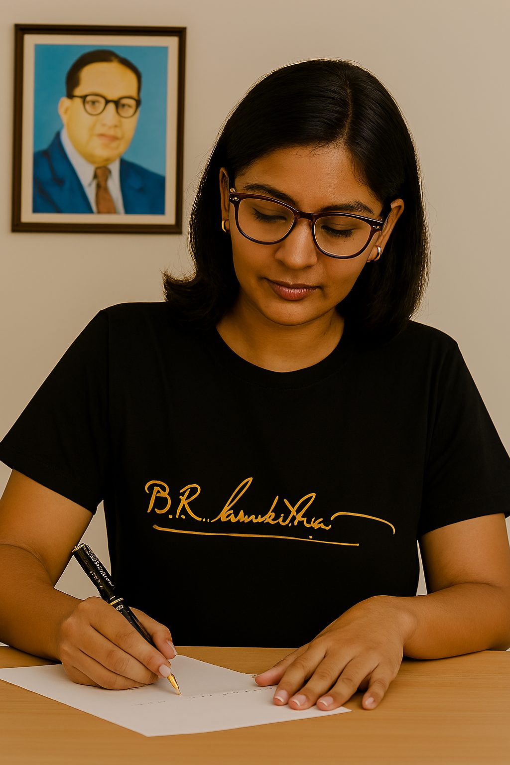Exclusive Combo – Black Cotton Roundneck T-Shirt with Dr. B.R. Ambedkar Golden Signature + Premium Black Zari Pen (Engraved)